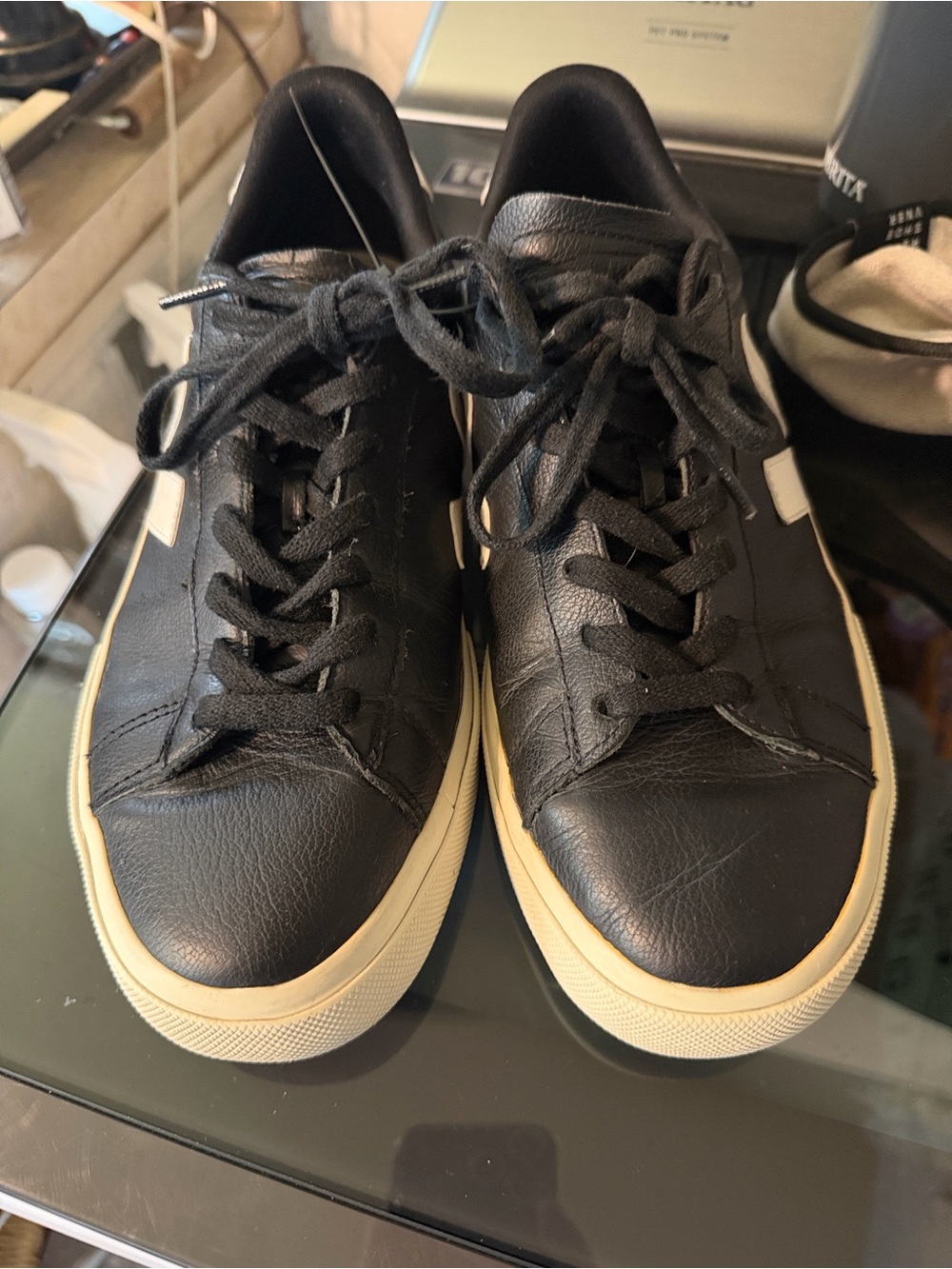 VEJA Esplar Black Leather White Logo Low Top Sneakers Lace Up Shoes Mens Sz 9